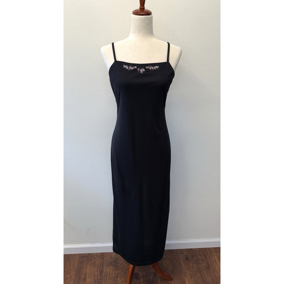 Vtg City Triangles Y2K Maxi Dress Size M Black Square Neck Floral Embroidery - Picture 1 of 8